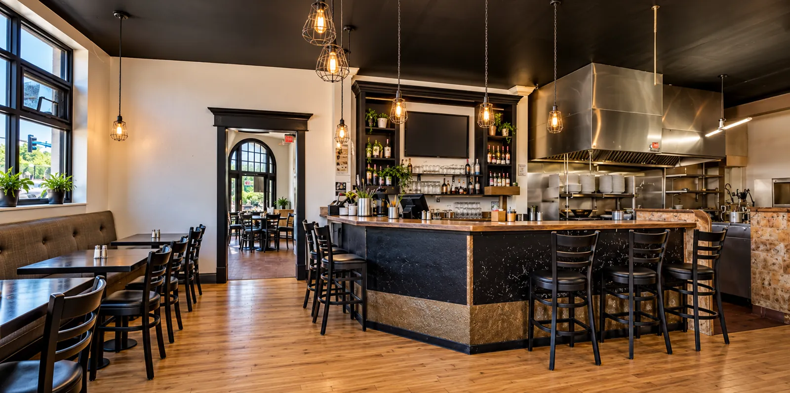 The bar and open kitchen